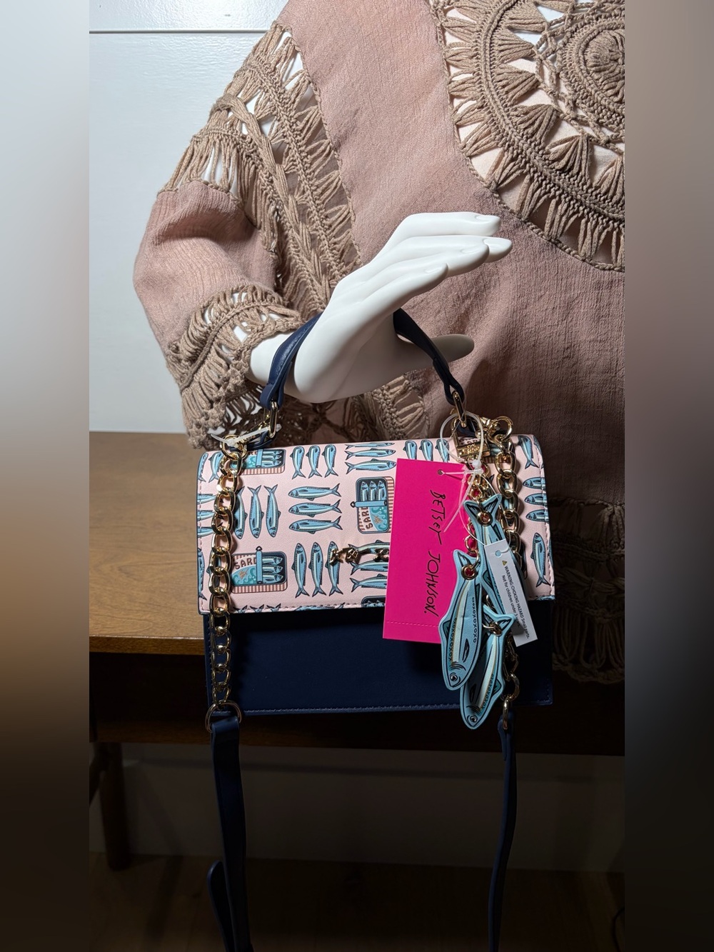 Betsey Johnson SARDINE BAG Pink & Navy Fish-Print Crossbody Satchel - Picture 3 of 15